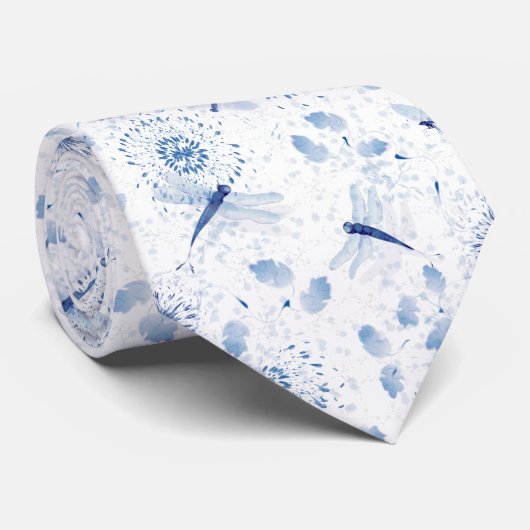 Blauw Chinoiserie Libelle Bloem Stropdas (Opgerold)