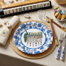 Blauw Chinoiserie Mahjong Papieren Bordje