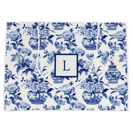 Blauw Chinoiserie Monogram Groot Cadeauzakje (Voorkant)