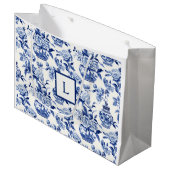 Blauw Chinoiserie Monogram Groot Cadeauzakje (Voorkant Gekanteld)