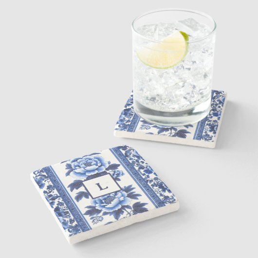 Blauw Chinoiserie Monogram Stenen Onderzetter (Zijkant)