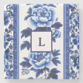 Blauw Chinoiserie Monogram Stenen Onderzetter (Voorkant)