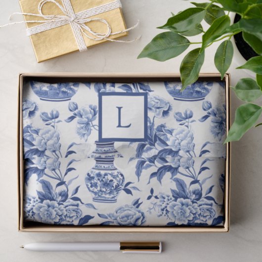 Blauw Chinoiserie Monogram Tissuepapier (Geschenk)