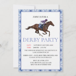 Blauw Chinoiserie Paardenrace Derby Feest Uitnodig Kaart