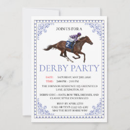Blauw Chinoiserie Paardenrace Derby Feest Uitnodig Kaart