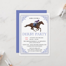 Blauw Chinoiserie Paardenrace Derby Feest Uitnodig Kaart