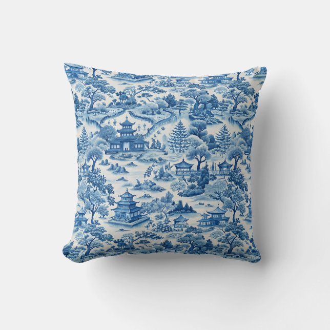 Blauw chinoiserie-patroon kussen (Voorkant)