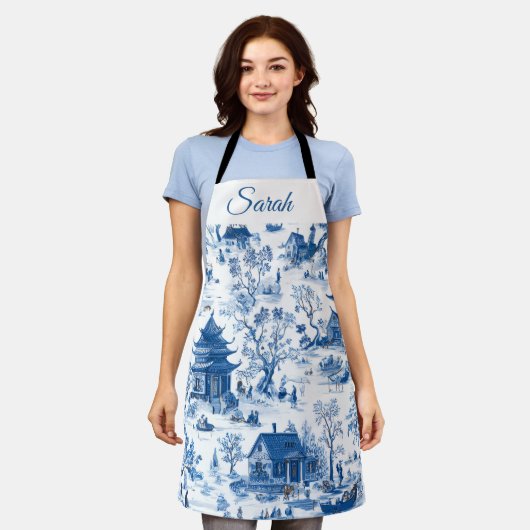 Blauw Chinoiserie Persoonlijk Kerstschort Schort (Gedragen)