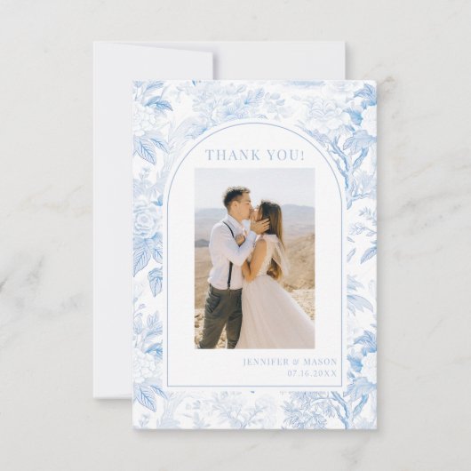 Blauw Chinoiserie porselein bloemenbruiloft foto Bedankkaart (Voorkant)