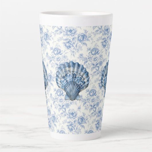Blauw Chinoiserie Schelp Grote Keramische Latte Mo Mok (Voorkant)