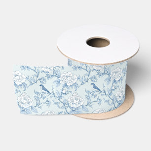 Blauw Chinoiserie Toile De Jouy Bloemenmotief Satijnen Lint