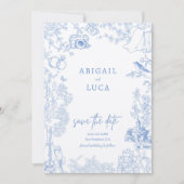 Blauw Chinoiserie Toile de Jouy Trouw Datum Beware Kaart (Voorkant)