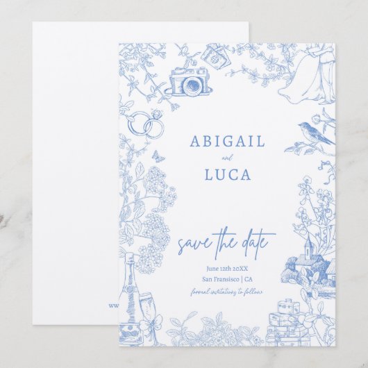 Blauw Chinoiserie Toile de Jouy Trouw Datum Beware Kaart (Voorkant / Achterkant)