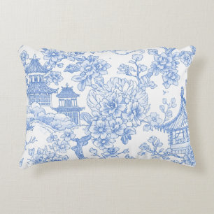 Blauw Chinoiserie Toile Draak Kersenbloesem Accent Kussen