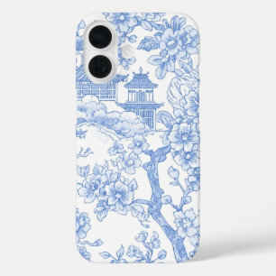 Blauw Chinoiserie Toile Draak Kersenbloesem iPhone 16 Hoesje