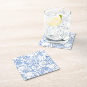 Blauw Chinoiserie Toile Draak Kersenbloesem Kartonnen Onderzetters