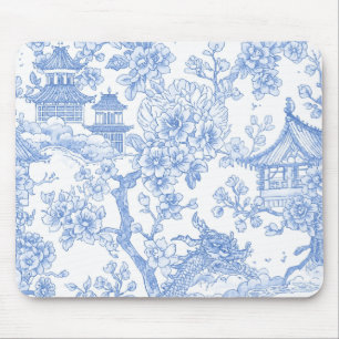 Blauw Chinoiserie Toile Draak Kersenbloesem Muismat