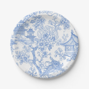 Blauw Chinoiserie Toile Draak Kersenbloesem Papieren Bordje