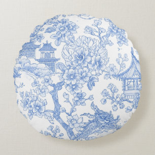 Blauw Chinoiserie Toile Draak Kersenbloesem Rond Kussen