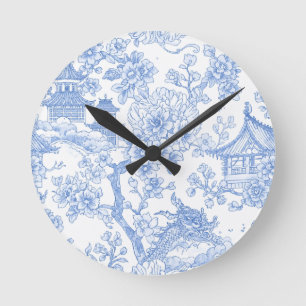 Blauw Chinoiserie Toile Draak Kersenbloesem Ronde Klok