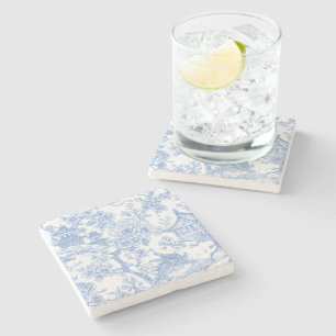 Blauw Chinoiserie Toile Draak Kersenbloesem Stenen Onderzetter