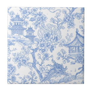 Blauw Chinoiserie Toile Draak Kersenbloesem Tegeltje