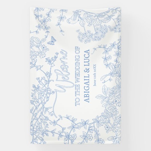 Blauw Chinoiserie Toile Jouy Trouw Welkomstbord Spandoek (Verticaal)