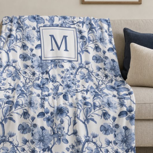 Blauw Chinoiserie Toile Patroon Monogram Fleece Deken