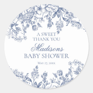 Blauw Chinoiserie Vintage Bloem Baby Shower Cirkel Ronde Sticker