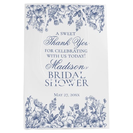 Blauw Chinoiserie Vintage Bloemige Bruidsdouche Medium Cadeauzakje (Voorkant)