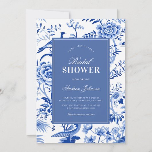 Blauw chinoiserie vintage bruiloft uitnodiging (Voorkant)