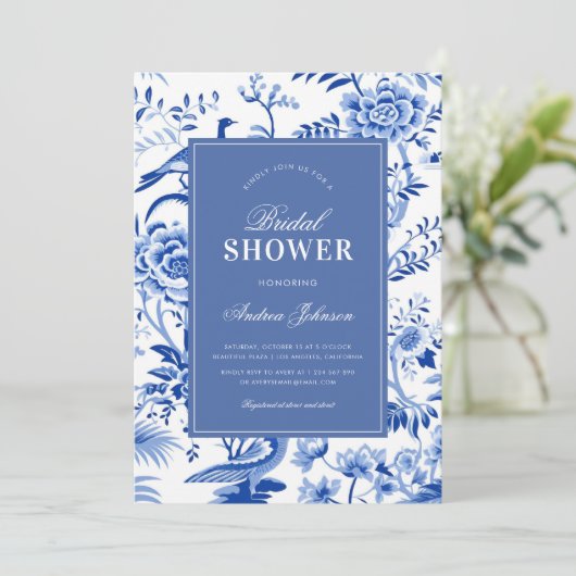 Blauw chinoiserie vintage bruiloft uitnodiging (Staand voorkant)