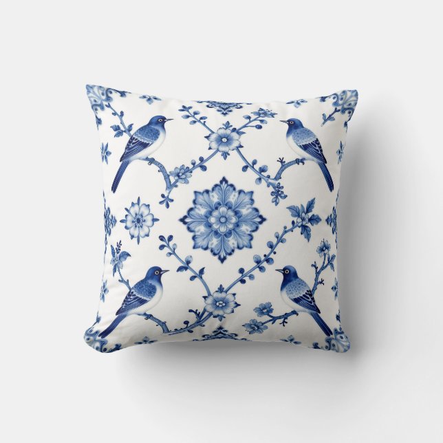 Blauw Chinoiserie Vogel Bloemmotief Kussen (Voorkant)