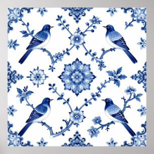 Blauw Chinoiserie Vogel Bloempatroon Poster