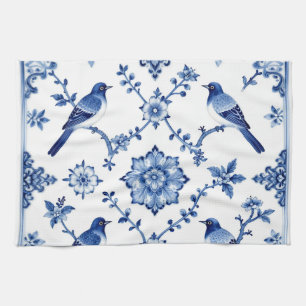 Blauw Chinoiserie Vogel Bloempatroon Theedoek