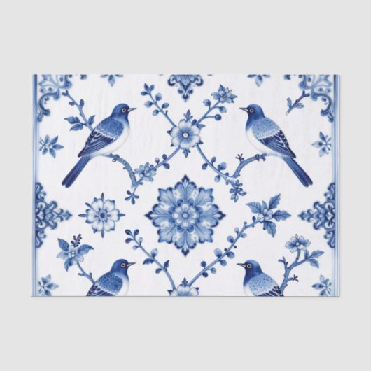Blauw Chinoiserie Vogel Bloempatroon Tissuepapier (Voorkant)