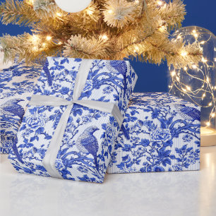 Blauw Chinoiserie Vogel Monogram Floral Cadeaupapier