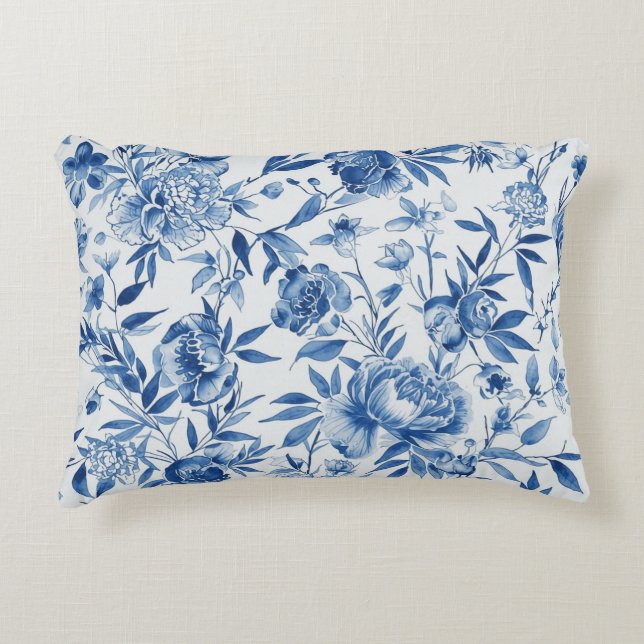 Blauw Chinoiserie Waterverf Bloem Botanisch Accent Kussen (Voorkant)