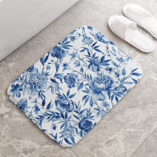 Blauw Chinoiserie Waterverf Bloem Botanisch Badmat
