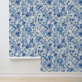 Blauw Chinoiserie Waterverf Bloem Botanisch Behang