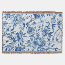 Blauw Chinoiserie Waterverf Bloem Botanisch Deken