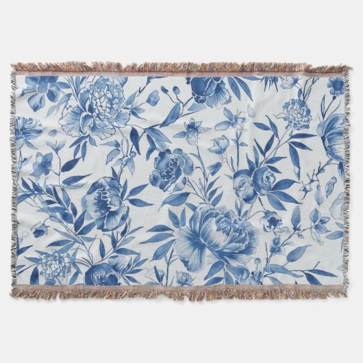 Blauw Chinoiserie Waterverf Bloem Botanisch Deken (Voorkant)