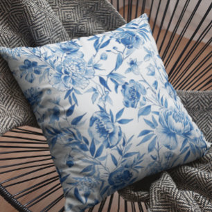 Blauw Chinoiserie Waterverf Bloem Botanisch Kussen