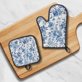 Blauw Chinoiserie Waterverf Bloem Botanisch Ovenwant & Pannenlap Set
