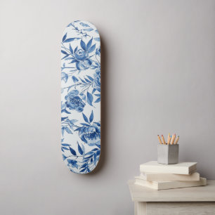 Blauw Chinoiserie Waterverf Bloem Botanisch Persoonlijk Skateboard