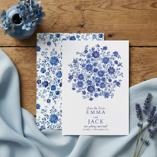 Blauw Chinoiserie waterverf bloemensave the date Save The Date