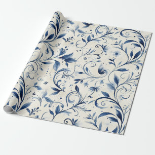 Blauw Chinoiserie Waterverf Wingerd & Bloemen Cadeaupapier