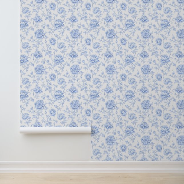Blauw Chinoises Coastal Grandmother Bloemmotief Behang (Applicatie)