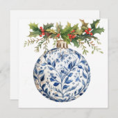 Blauw Chinoisserie Balornament met Groene Hulst Feestdagenkaart (Voorkant / Achterkant)