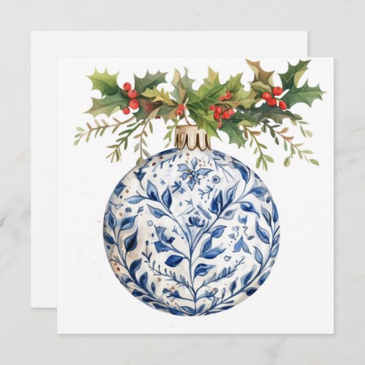 Blauw Chinoisserie Balornament met Groene Hulst Feestdagenkaart (Voorkant / Achterkant)